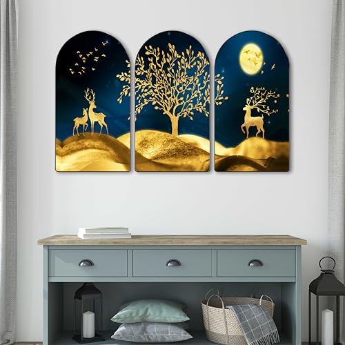 Image of SAF Golden Deer Moonlight Wall Art 3 Panel Set | Luxury Blue & Gold Tree Painting on MDF Board | Modern Wall Decor for Living Room Bedroom Office (30 x 50 Inch) RPNL-62