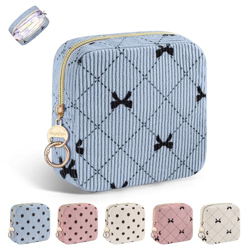 Image of Period Bag for Teen Girls, Corduroy Sanitary Napkin Pouch, B-DBlue | Bow Menstrual Pad Pouches Tampon Holder for Purse, Cute Period Pouches for Storage Sanitary Napkin, Menstrual Cup, Pad, Tampo