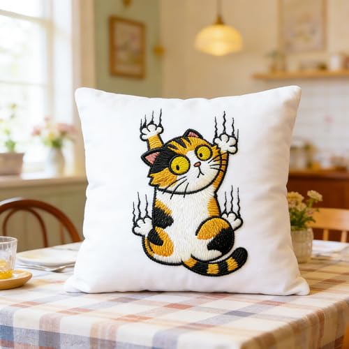 Image of BEUNITONE 4PCS Fun and Funny Cat Embroidery Kit for Beginners, Cute Pre-Print Cat Pattern Hand Embroidery Kits with Hoop and Instruction, DIY Needlepoint Craft Kit for Gifts and Home Decor