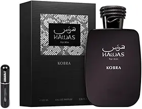 Hawas Kobra Eau de Parfum masculino de 100 ml, perfume árabe para homem de longa duração, inclui atomizador recarregável, fragrância oriental madeirada com notas de ergamota, canela e almiscarado
