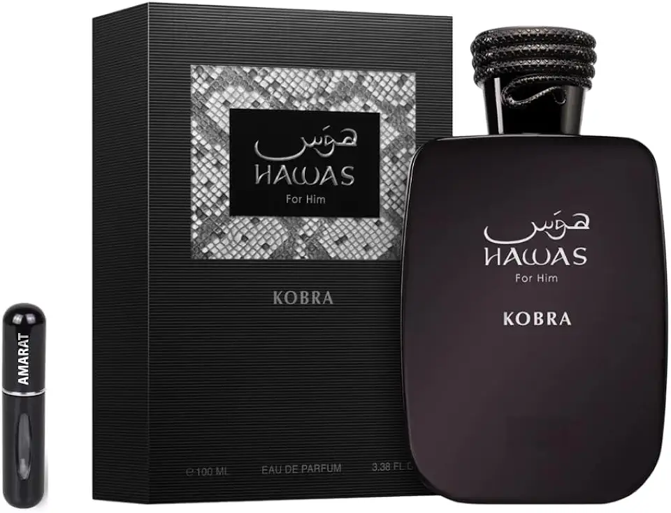 Hawas Kobra Eau de Parfum masculino de 100 ml, perfume árabe para homem de longa duração, inclui atomizador recarregável, fragrância oriental madeirada com notas de ergamota, canela e almiscarado