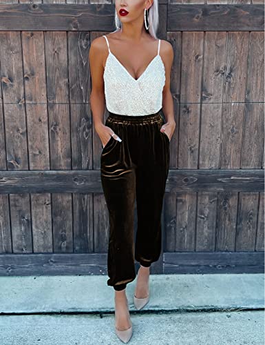Paodikuai Women Casual High Waist Harem Velvet Pants Relaxed Fit Elastic Waist Velvet Velour Joggers (A-Coffee, Large) #TOP4