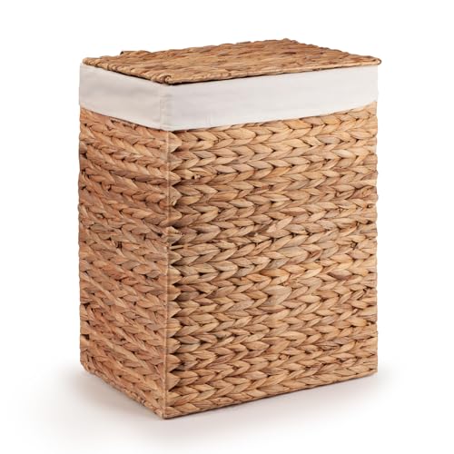Woodluv Laundry Basket With lid Medium Water Hyacinth Laundry Hamper Wicker Bin Storage Organiser Washing Basket for Dirty Clothes Bathroom Natural 38 x 28 x 48 (H) cm