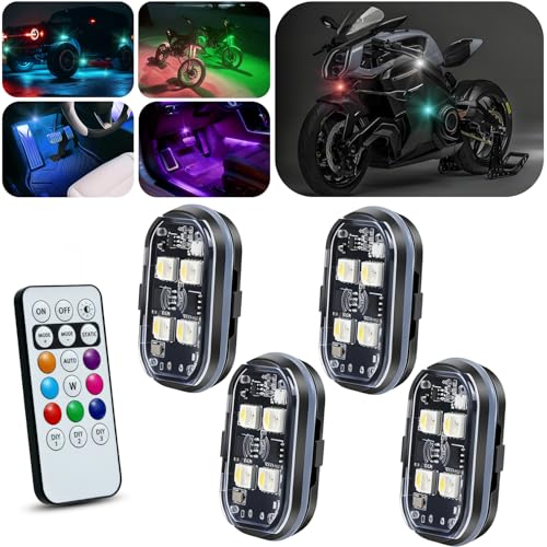 GSOWO Upgraded 4PCS Wireless LED Strobe Lights for Car, 8 Colors Interior Car Lights with Remote Control, USB-C charging Warning Light for Car Motorcycle Drone Bike Decor
