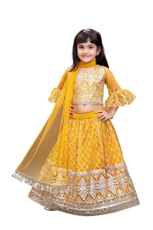 Image of Girl's Princess Lehenga Choli Set - Soft Net, Ribbon Embroidery With Duppata, Readymade