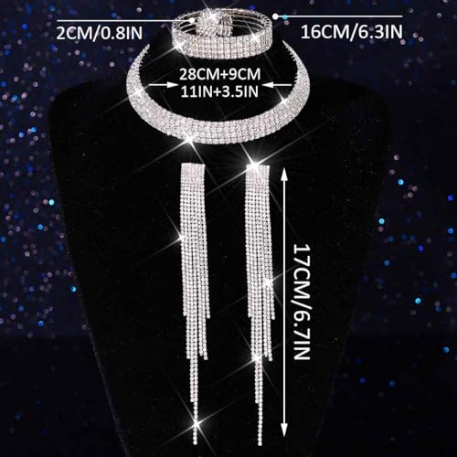 Unicra Rhinestone Bridal Wedding Jewelry Sets Silver Choker Necklace Earrings Bracelet Ring Set Prom Formal Costume Jewelry Set for Women and Brides4