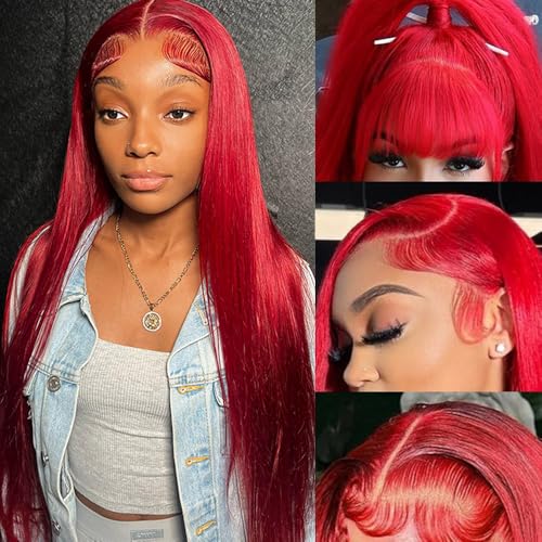 30 Inch Red Lace Front Wigs Human Hair Straight Hot Red 13x4 HD Lace Frontal Wig Wear and Go Glueless Wigs Human Hair Pre Plucked Pre Cut with Babyhair Burgundy Red Human Hair Wigs For Black Women