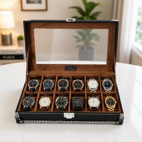 Image of BOXXO 12 Slot Watch Organizer Box for Men & Women - Premium PU Leather Watch Case (12G - Black /Tan)