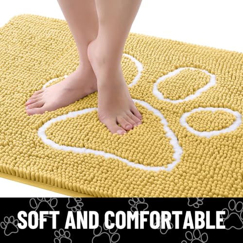 Image of Smiry Dog Door Mat for Muddy Paws, Absorbent Dirt Trapper Non Slip Quick Dry Washable Chenille Mat for Mud Dogs, Entry Rug for Indoor and Outdoor (48x30 Inches, Yellow and White)