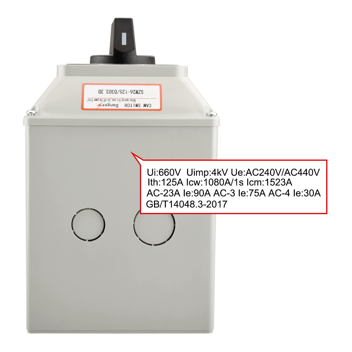 Heschen Universal Rotary Cam Selector Changeover Switch, SZW26-125/D303.3D, 660V 125A, ON-OFF-ON 3 Position, 3 Phase, 12 Terminals, with Master Switch Exterior Box