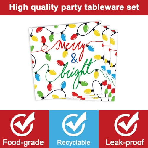 Image of ZOIIWA 96PCS Merry Christmas Party Tableware Set Christmas Lights Party Supplies Merry and Bright Disposable Dinnerware Plates Napkins Forks with Holiday String Lights for Xmas Birthday Favors