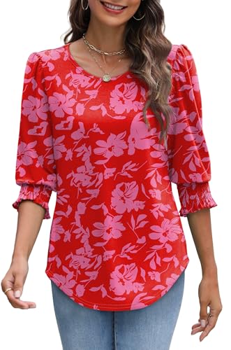 Image of XIEERDUO Blouses for Women Dressy Casual 3 /4 Length Sleeve Womens Tops with Smocked Cuffs