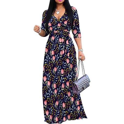 Image of PinkPatty Women's Print Maxi Dresses 3 /4 Sleeve Flowy Long Dress V Neck Wrap Tie Waist Sundress
