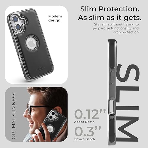 Image of PULOKA Chrome Leather Back Case - Compatible with iPhone 16 - Luxury Bumper Case - Flexible Vegan Leather - Electroplated Sides & Logocut - Full Camera Protetection & Raised Edges - Black