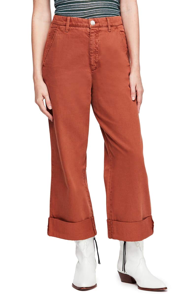 Free People Womens On My Mind Cropped Cuffed Wide Leg Pants Orange 30