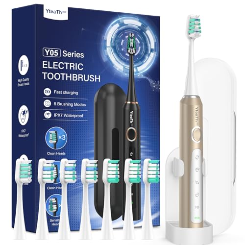 Cepillo de Dientes Eléctrico Sónico Familia - Cepillo Electrico Sónico Adultos Infantil con 8 Cabezales y Estuche de Viaje, 5 Modos, IPX7 Impermeable, Cepillo Dientes Electrico Viaje Recargable, Oro