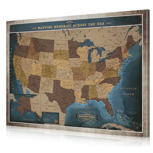Image of DECORARTS - Antique Navy Blue USA Travel Map Wall Art, Vintage United States Canvas Map for Home Office Living Room Decor, Ready to Hang, 40x30''