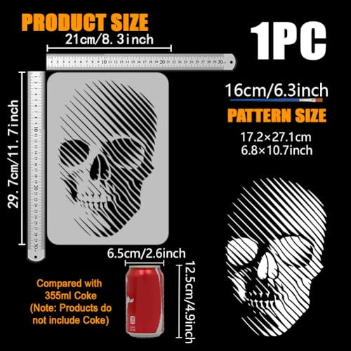 FINGERINSPIRE Plantilla de pintura 3D con esqueleto lineal y pincel, 21 x 29,7 cm, plantilla de dibujo tridimensional con diseño de calavera, plantilla decorativa de Halloween para pintar en paredes