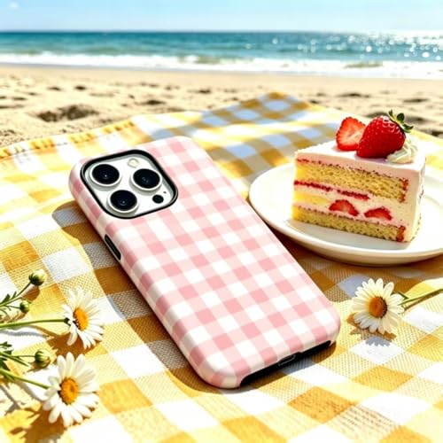 Image of for iPhone 13 /14 Case Cute Phone Case,Compatible with MagSafe,Dual Layer Shockproof Protective Phone Cover,Hard Shell + Silicone Cover,Fashion Design for Women Girls,Pink and White Plaid