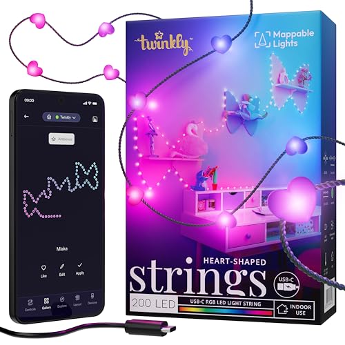 Strings USB-C Heart 200 LED, Striscia Luci LED a Forma di Cuore, Luci LED Multicolore RGB, Luci San Valentino, Compatibile con Alexa, Google Home, Luci Mappabili, USB C, Filo Verde, 12m
