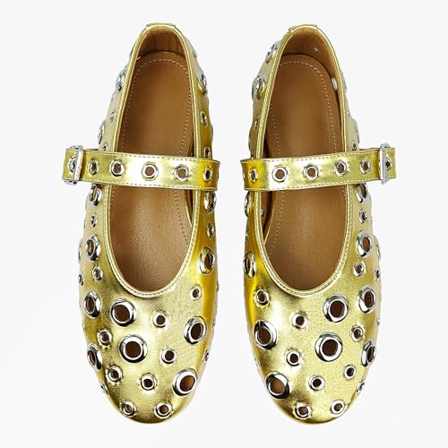 Image of Fashion Buckle Ballet Flats Women's Delicate Metal Buckle with Rivet Holes Mary Jane Comfort Flats