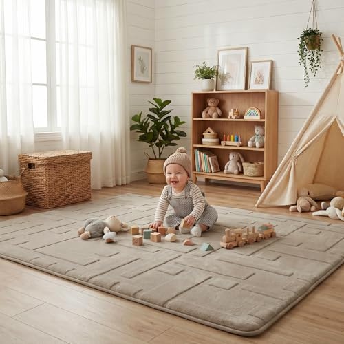 Image of Baby Floor Play Mat 1.3 inch Thick 59x79 Plush Foam Nursery Rug Brown