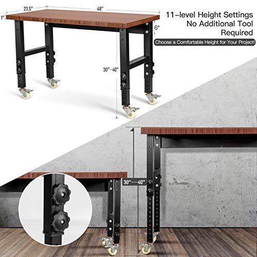 Goplus 48” Workbench With Casters, Mobile Adjustable Work Bench For Garage, 2200Lbs Load Capacity Heavy Duty Bamboo Wood Top Work Table, Hardwood Workstation For Office, Workshop, Home #TOP2