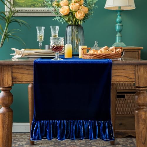 Velvet Table Runner Soft Decorative Luxurious Solid 108 Inches Long Tablecloth with Retro Ruffle Flounces Table Runner Dresser Scarves for Kitchen Dining Room Coffee Table Sapphire Blue,14x108 Inch