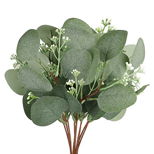 24 Piezas Tallos Eucalipto Artificiales, Ramas Ovaladas Largas Vegetación Eucalipto Sintético con Decoración Flores Pequeñas para El Hogar, Boda, Jardín, Oficina, Acción Gracias, Navidad