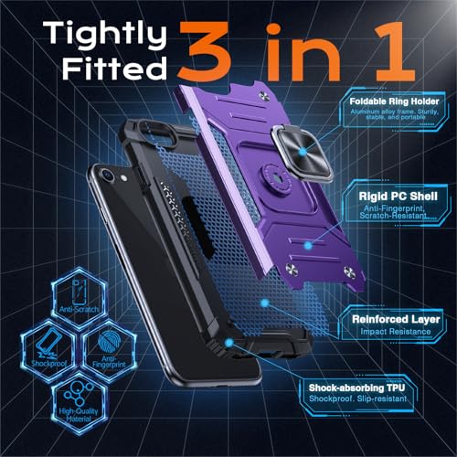 Image of Anqrp Heavy Duty Case for iPhone 6 /7 /8 /SE /SE2 Case with Enhanced Ring Holder Grip Stand, Military Grade Shockproof Rugged Drop Protective Silicone Hard Slim iPhone SE Phone Case Cover,Purple
