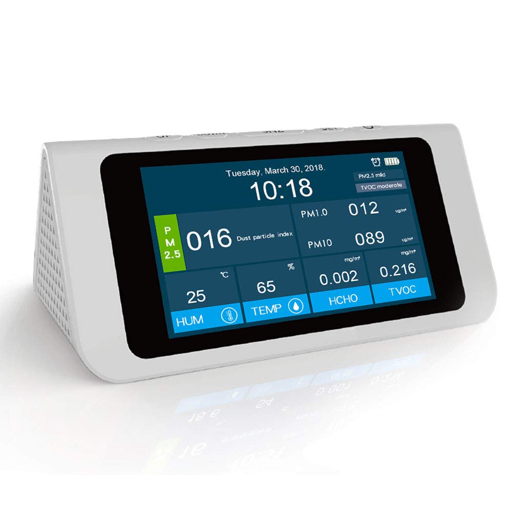 GSSFDJ Multifunctional Gas Detector Air Quality Rating Range Analyzer That Detects Formaldehyde TVOC and Particulate Matter (PM2.5/1.0/10) Tester with Clock and Record Function,White-24x12x11cm