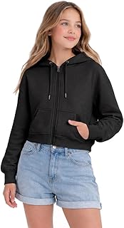 HOODLIFE Girls Cropped Zip-Up Hoodie Sweatshirt Soft Cotton Blend Crop Jacket with Hood, Drawstring &amp; Front Pocket Casual ...