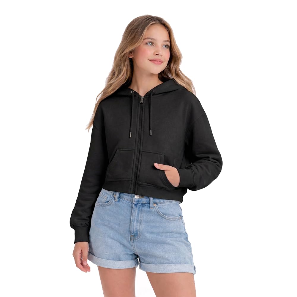 HOODLIFE Girls Cropped Zip-Up Hoodie Sweatshirt Soft Cotton Blend Crop Jacket with Hood, Drawstring & Front Pocket Casual Lightweight Hoodie-image-44