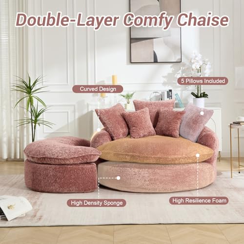 Image of 54 inch Round Chaise Lounge with Ottoman Big Bean Bag Round Sofa Bed Oversized Round Couch Boneless Reading Chair Comfy Plush Chenille Large Chaise Chair for Living Room, Apartment, Pink