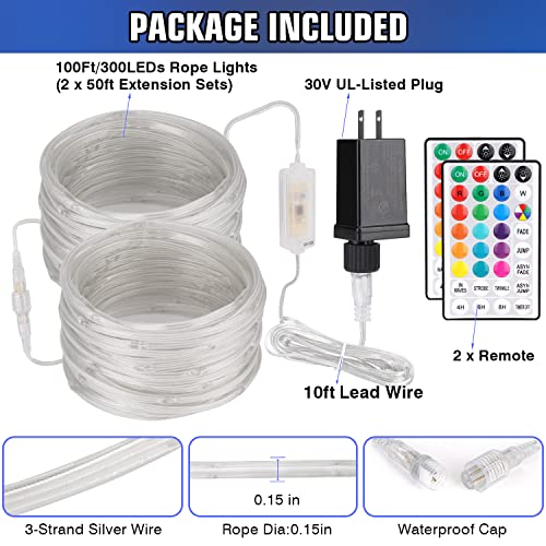 Connectable 100ft Rope Lights Outdoor with 300 LEDs, 18 Color Changing Outdoor String Lights Plug in with Remote, Extendable IP68 Waterproof Fairy Lights for Garden Patio Deck Bedroom Christmas Decor