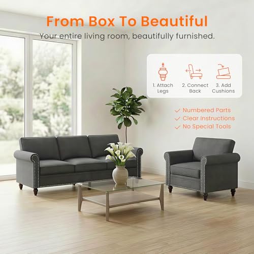 Image of ijuicy 2Pcs Sectional Sofa Set with 5 inch Thicken Cushion-Dark Gray | Modern linen upholstered living room furniture set with nailhead trim includes a 3 seat sofa and an armchair