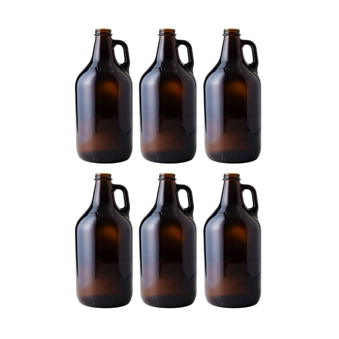 FastRack 64 oz Amber Glass Growlers (Pack of 6) | Half Gallon Beer Growler with 18 Poly Seal Caps | Reusable 1/2 Gallon Glass Jug for Homebrew,