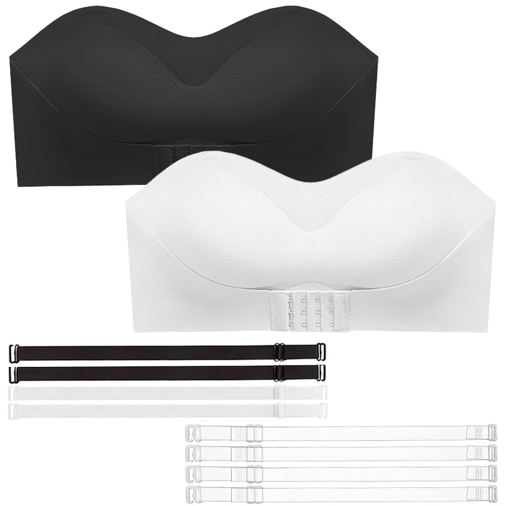 Yualov Women's Black+White Teen Girls Seamless Strapless Bra 2 Pack No Show Bandeau Wirefree Underwears Invisable T-Shirt Bralettes With Replaceable Straps Tube Top For Kids 10-18 Years