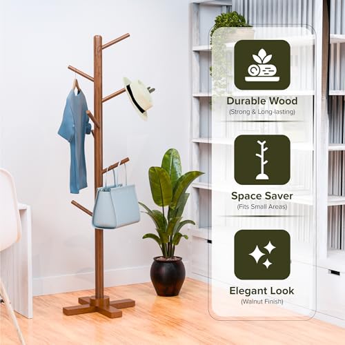 Image of Kuber Industries Wooden Freestanding Coat Hanger with 6 Hooks | Multipurpose Hanging Pole Rack Clothes Shelf | Ideal for Scarf, Bags & Hat | Brown