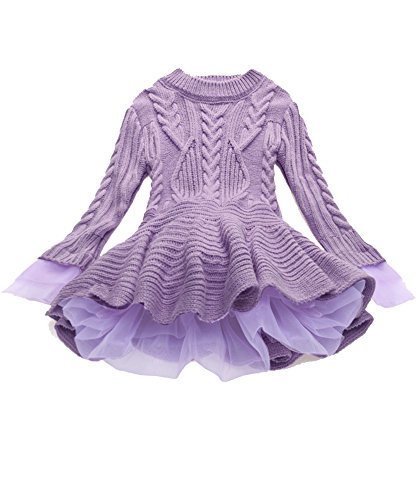 Girls Ruffle Sweater Long Sleeves Tutu Dresses Stitching Knitting Pullover Tops for Kids (Purple,140)