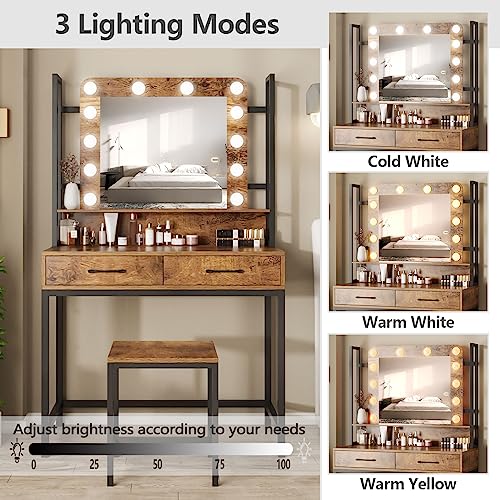 Fameill Makeup Vanity With Lights,Vanity Desk With Drawer,Vanity Table Set With Lighted Mirror,3 Color Dimmable Makeup Desk For Bedroom,Rustic Brown #TOP4