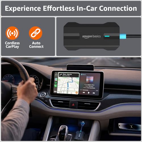 Image of Amazon Basics Car Play with Extension & Type C Converter | Converts Wired Auto Android & CarPlay to Wireless | Bluetooth Connectivity | Only for Cars with OEM Installed | Black