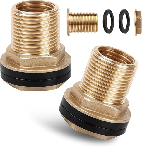 2 Stück Messing Regentonnendurchführung, Tankdurchführung IG 1/2 x AG 3/4 zoll, Tankverschraubung mit 4 Dichtungen, Wassertank Anschluss für Wasserhahn, Tanks und Fässer