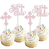 Xsstarmi Lot de 24 décorations de cupcakes « God Bless » à paillettes en forme de croix pour première communion, fête prénatale, anniversaire, décoration de gâteaux - Rose
