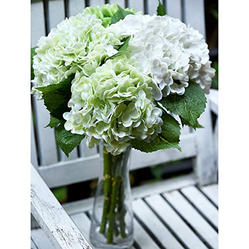 Fiveseasonstuff Real Touch Silk Hydrangea Flowers, 2 Large Long Stem Artificial Flowers For Floral Arrangements (Mixed Summer White & Spring Green) #TOP6