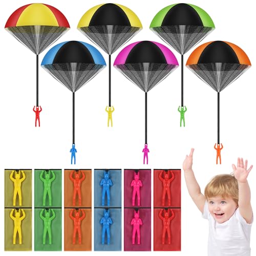 TranRantic Fallschirmspringer, 12 Stück Fallschirm Outdoor, Wurf Parachute Spiele für Draußen, Flugspielzeug Geschenk für Jungen und Mädchen（6 Farbe）