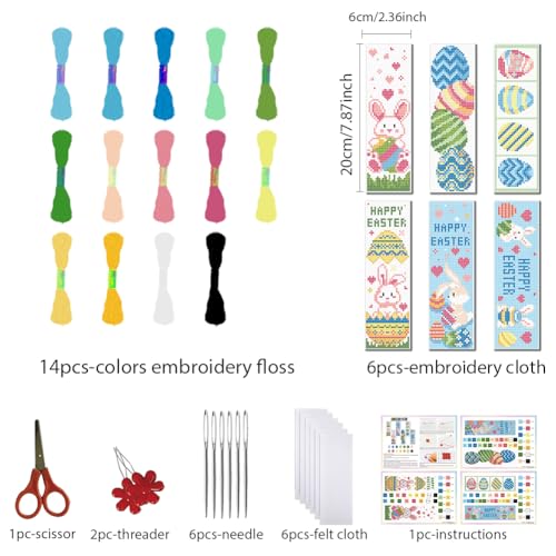 Image of FREEBLOSS 6 Set Easter Cross Stitch Bookmark Kits Easter Eggs Pattern Stamped Cross Stitch Kit with Clear Instructions DIY Bookmarks Cross Stitch Kits Embroidery Bookmarks Kit for Adults Beginners