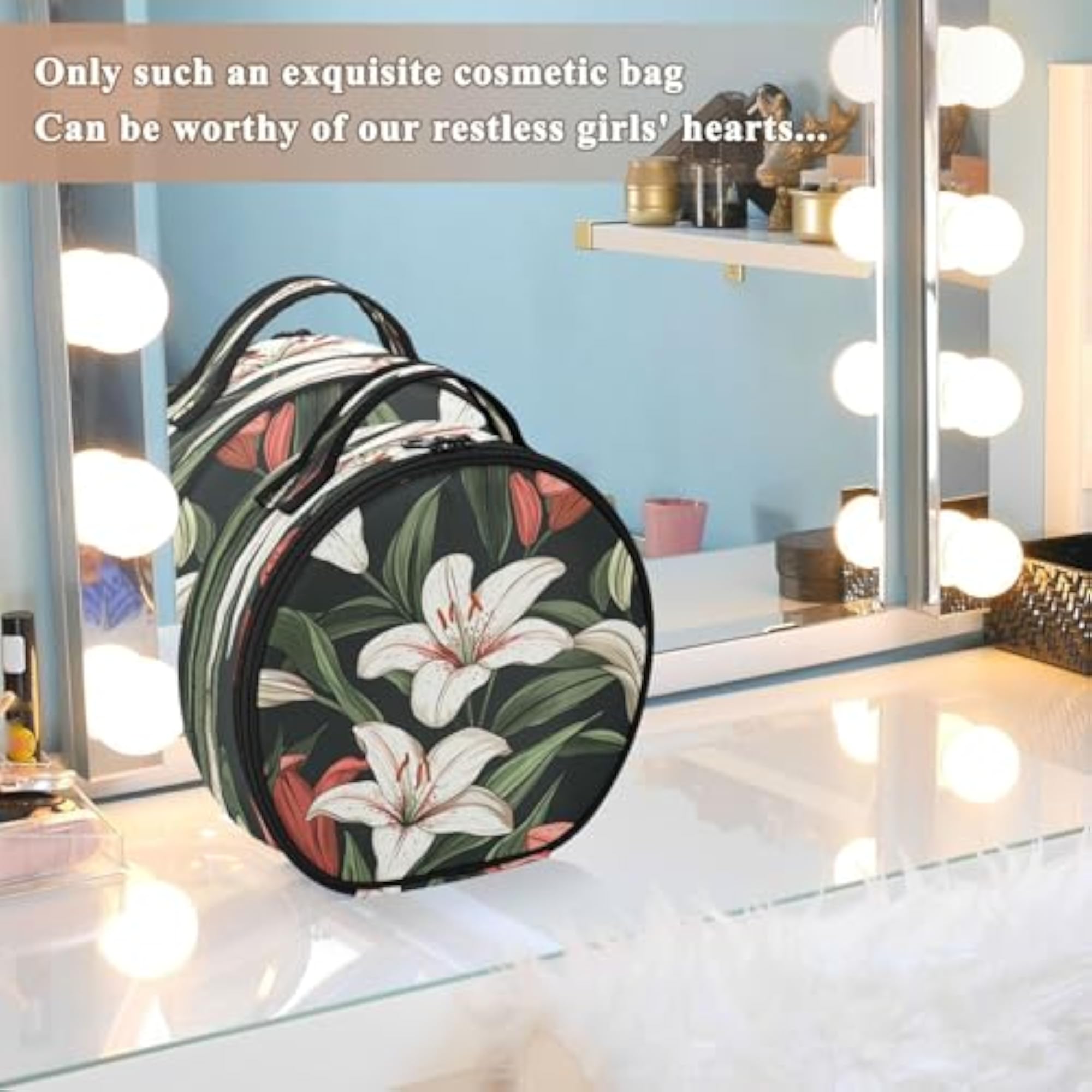 Lilies in Black Travel Makeup Case, Portable Makeup Box