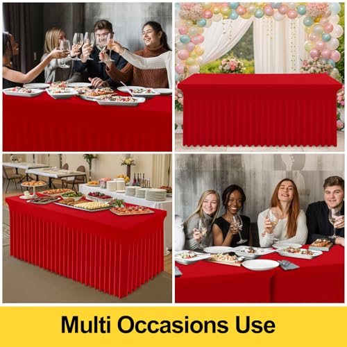 Image of Smiry 2 Pack Spandex Elastic Fitted Table Cloth Skirt for 8FT Table | Stretch Washable Table Cloth, Banquet Table Cover for Wedding, Party, Indoor & Trade Shows, (Red, 96Lx30Wx30H)