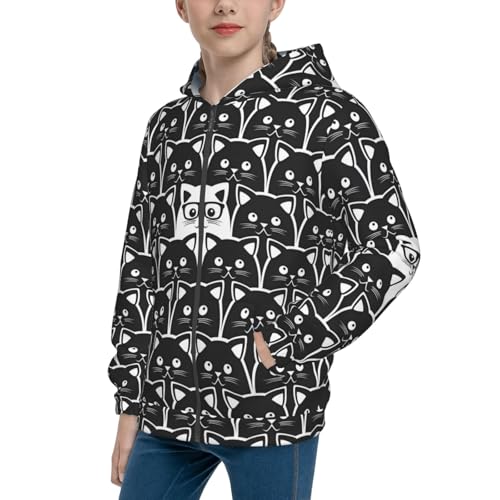 Black Cats and One White Kids Pullover Hoodies Boys Zip Up Sweatshirts Girls Athletic Clothes with Pocket